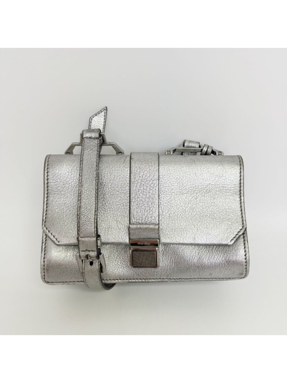 Miu Miu Metallic Leather Push Lock Crossbody Shoulder Bag Silver Vintage